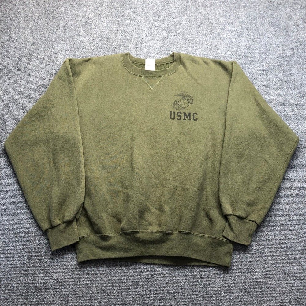 Vintage Soffe USMC Sweatshirt Mens Large Green Marine Corps Pullover Made in USA